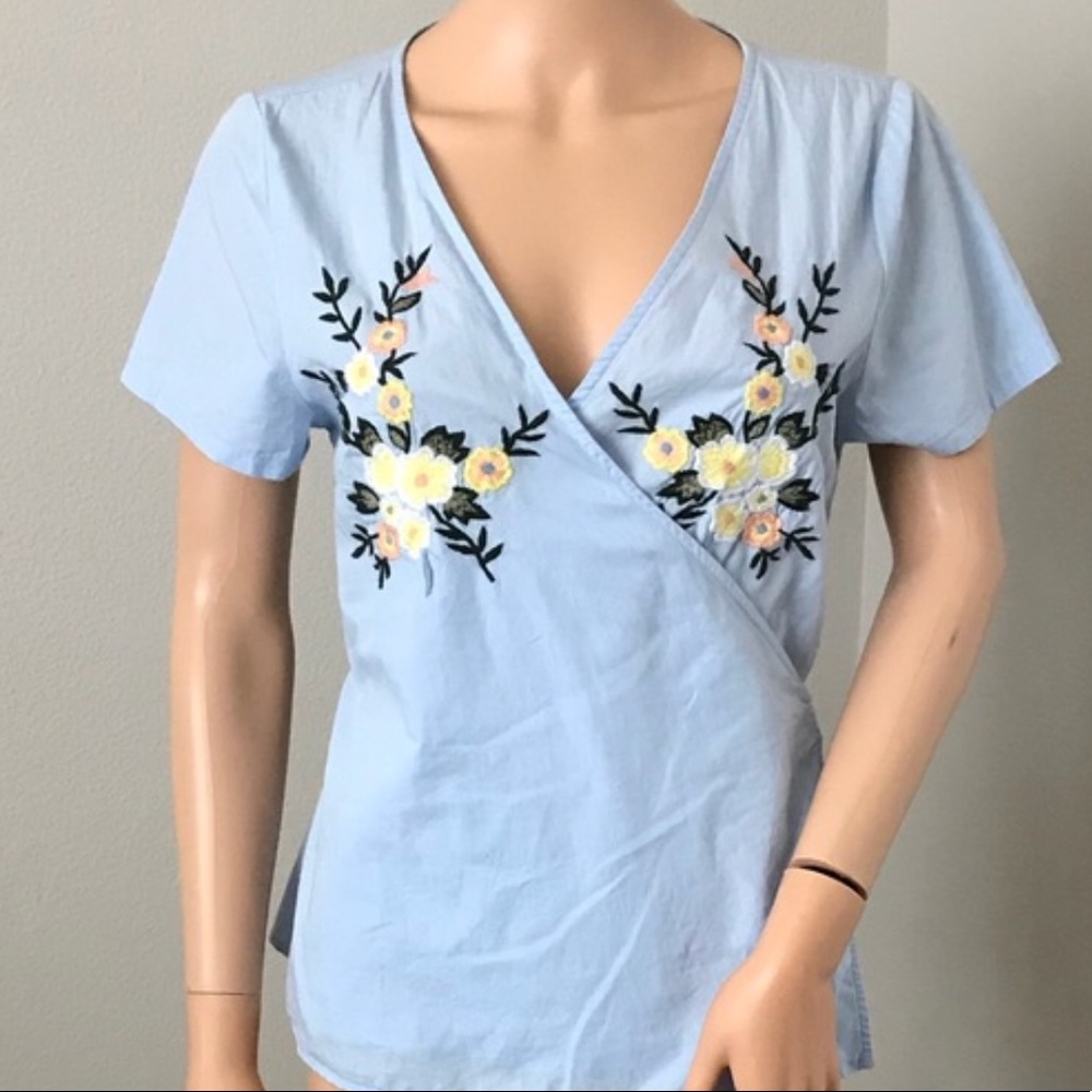 Floral Embroidery Wrap Front Top